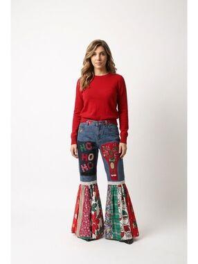 women’s Christmas flared jeans patchwork